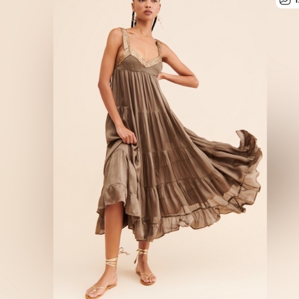 Free People Isadora Boho Tiered Maxi Dress gold metal beaded detail M Medium New